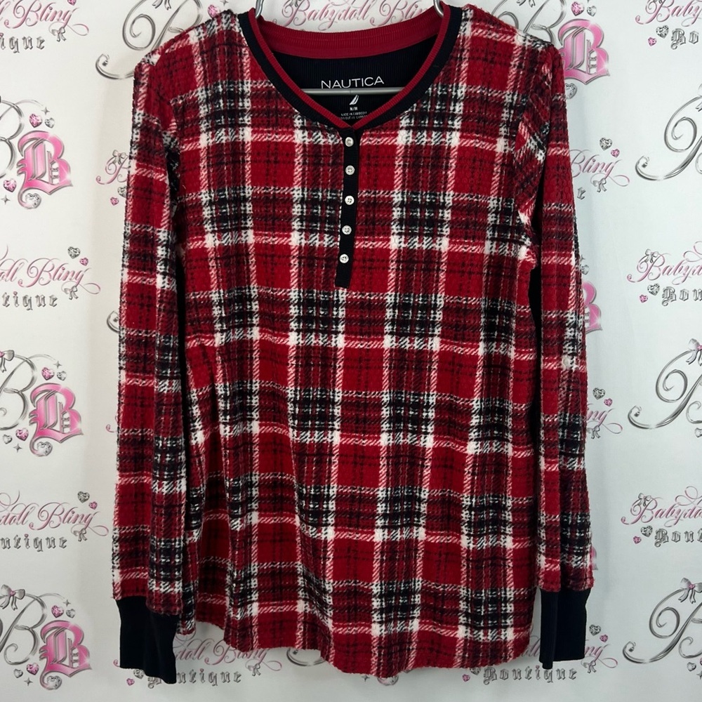 Nautica long sleeve half button up stripes Red and Black Plaid Henley Shirt